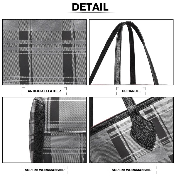 LD6825 - Miss Lulu Check Pattern Reversible 2 Piece Tote and Clutch Bag Set - Silver