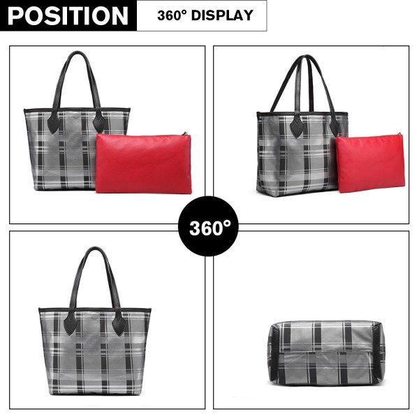 LD6825 - Miss Lulu Check Pattern Reversible 2 Piece Tote and Clutch Bag Set - Silver