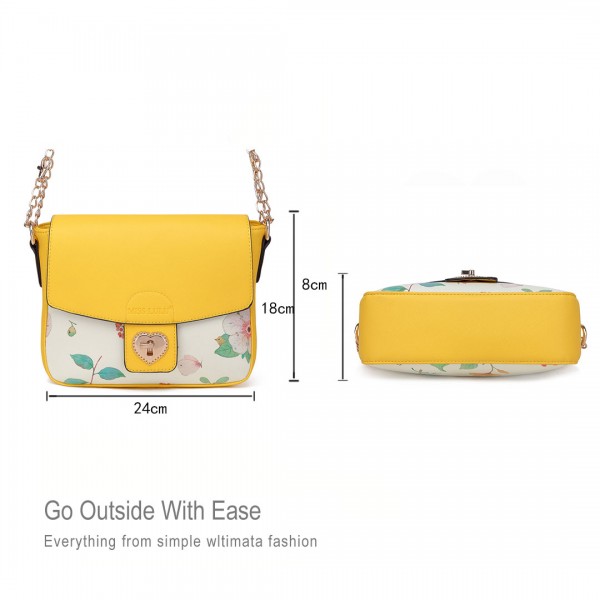 LG1636 - Miss Lulu Leather Style Floral Print Small Cross Body Satchel Yellow