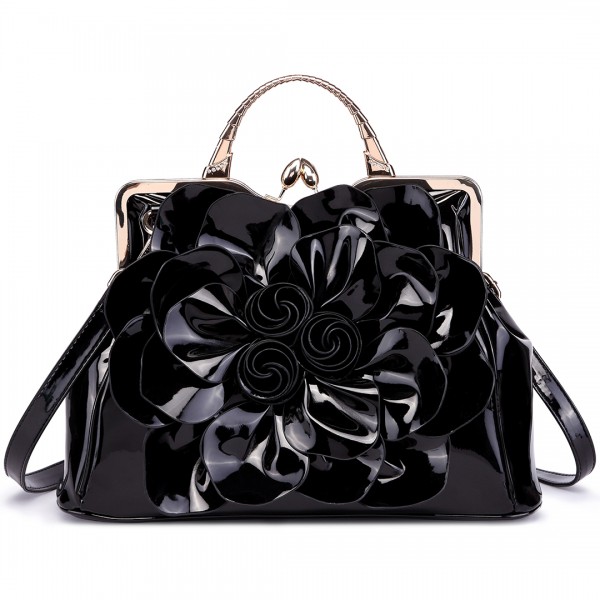 LG1754 BK - Miss Lulu PU Leather Flower Women Large Hobo Handbags Black