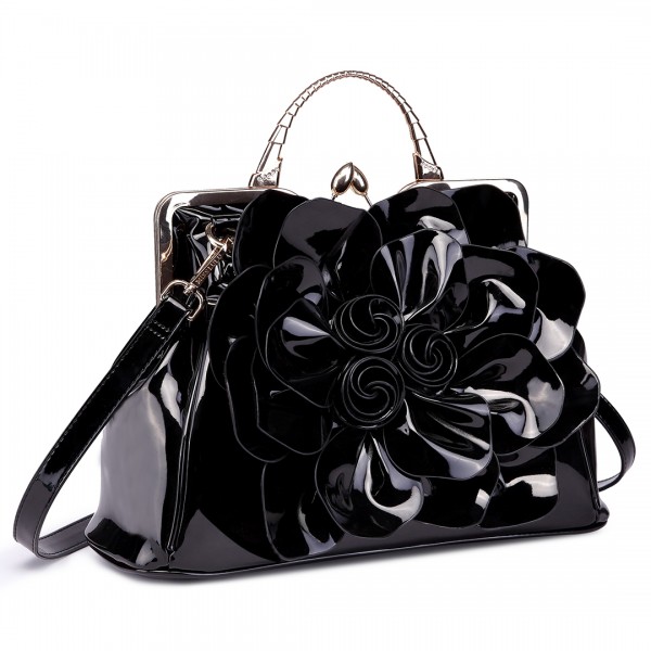 LG1754 BK - Miss Lulu PU Leather Flower Women Large Hobo Handbags Black