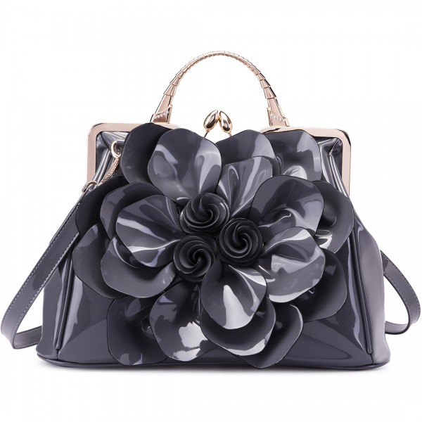 LG1754 GY - Miss Lulu PU Leather Flower Women Large Hobo Handbags Grey