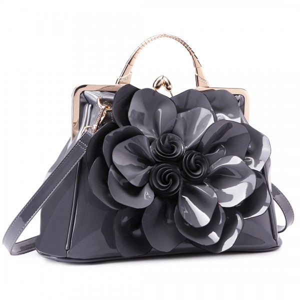 LG1754 GY - Miss Lulu PU Leather Flower Women Large Hobo Handbags Grey
