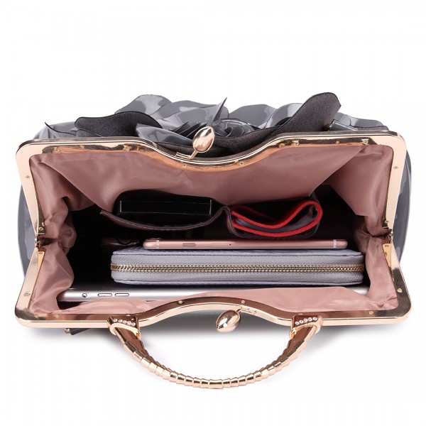 LG1754 GY - Miss Lulu PU Leather Flower Women Large Hobo Handbags Grey