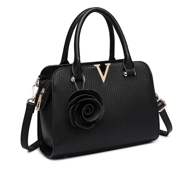 LG1848-MISS LULU PU LEATHER V LOGO HANDBAG ROSE HANGING BLACK