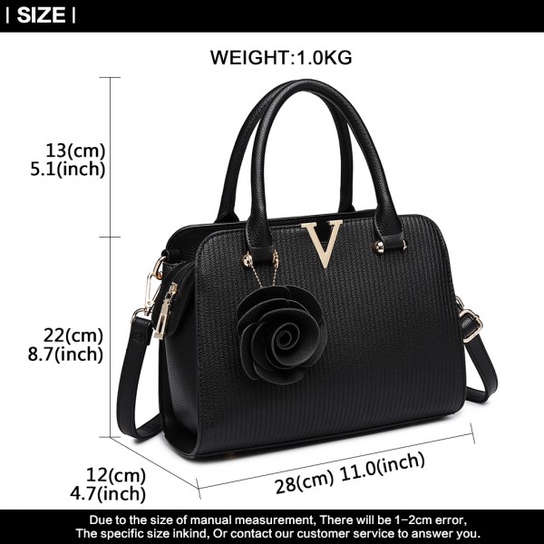 LG1848-MISS LULU PU LEATHER V LOGO HANDBAG ROSE HANGING BLACK