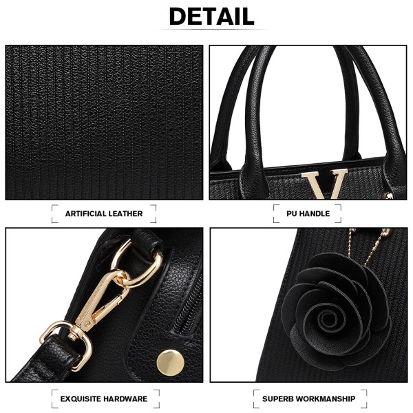 LG1848-MISS LULU PU LEATHER V LOGO HANDBAG ROSE HANGING BLACK