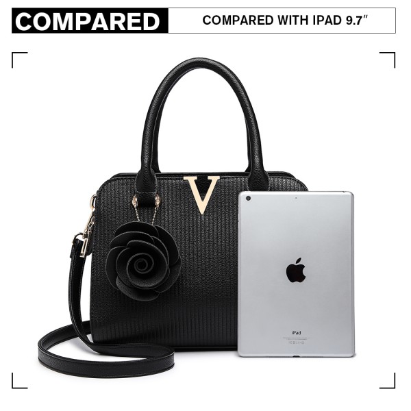 LG1848-MISS LULU PU LEATHER V LOGO HANDBAG ROSE HANGING BLACK