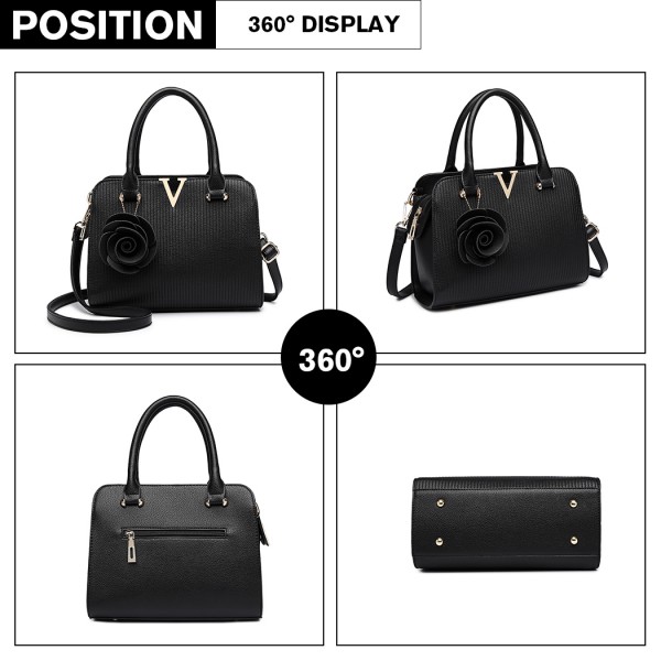 LG1848-MISS LULU PU LEATHER V LOGO HANDBAG ROSE HANGING BLACK