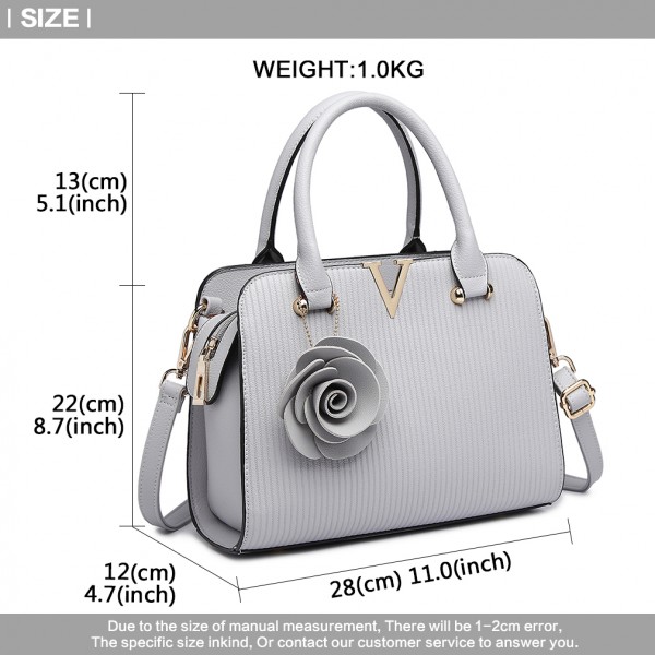 LG1848-MISS LULU PU LEATHER V LOGO HANDBAG ROSE HANGING GREY