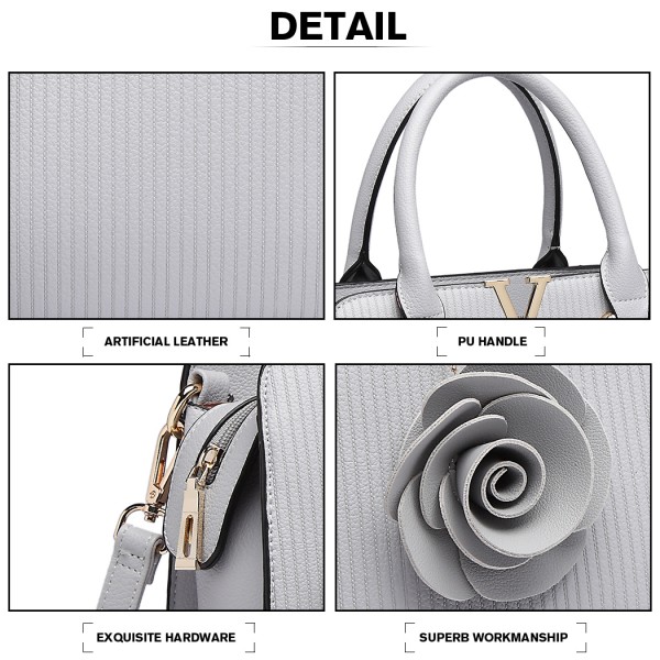 LG1848-MISS LULU PU LEATHER V LOGO HANDBAG ROSE HANGING GREY