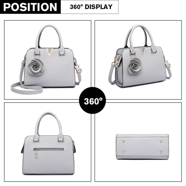 LG1848-MISS LULU PU LEATHER V LOGO HANDBAG ROSE HANGING GREY