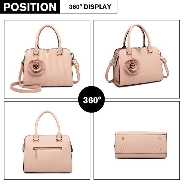 LG1848-MISS LULU PU LEATHER V LOGO HANDBAG ROSE HANGING PINK