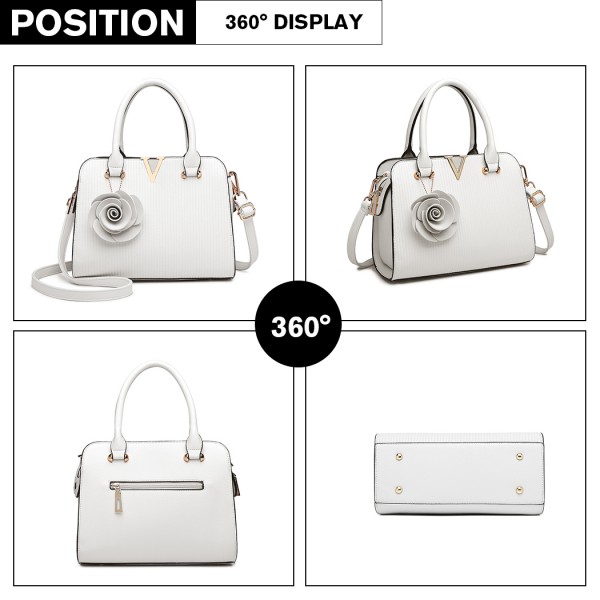 LG1848-MISS LULU PU LEATHER V LOGO HANDBAG ROSE HANGING WHITE