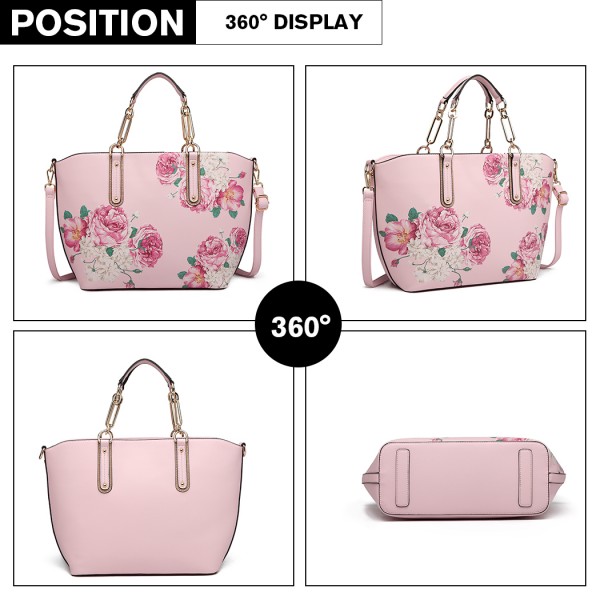 LG1867F-MISS LULU PRINTED LEATHER 3PCS TOTE SHOULDER BAG WITH PURSE PINK