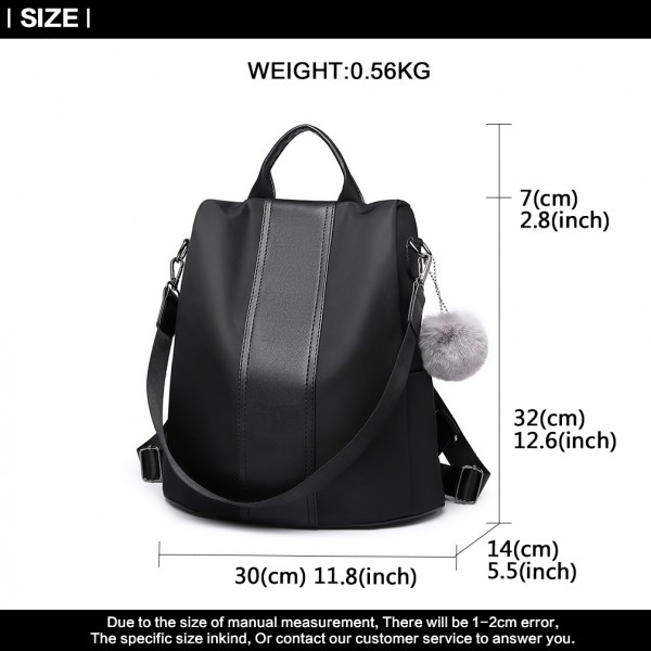 LG1903 - Miss Lulu Two Way Backpack Shoulder Bag with Pom Pom Pendant - Black