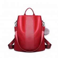 LG1903 - Miss Lulu Two Way Backpack Shoulder Bag with Pom Pom Pendant - Red