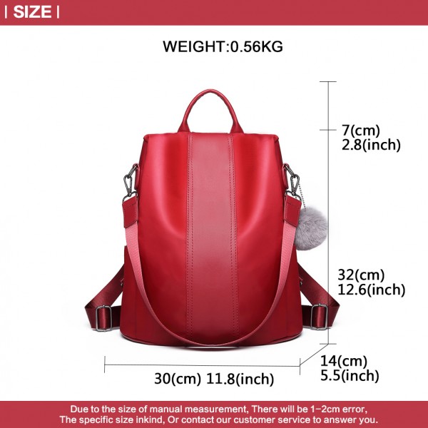 LG1903 - Miss Lulu Two Way Backpack Shoulder Bag with Pom Pom Pendant - Red