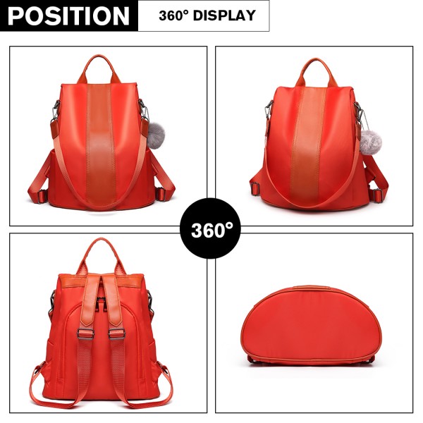 LG1903 - Miss Lulu Two Way Backpack Shoulder Bag with Pom Pom Pendant - Orange