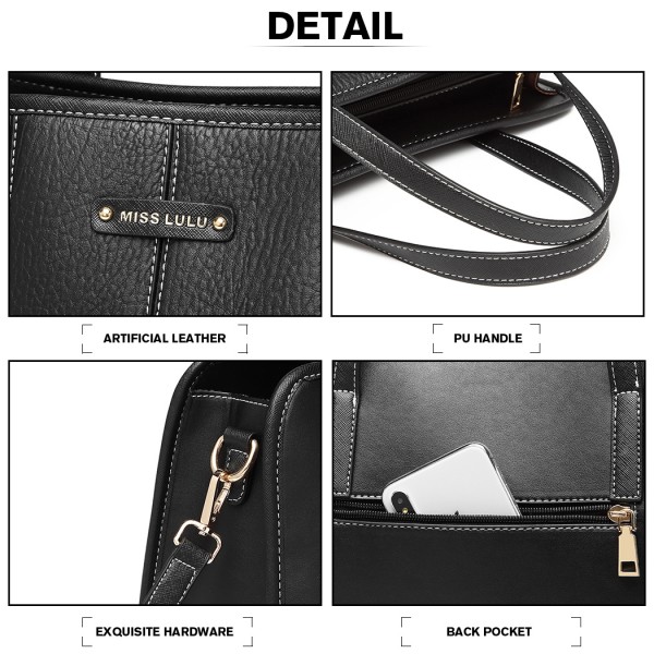 LG1949 - Miss Lulu Structured Panel Shoulder Bag - Black LG1949 - Miss Lulu Structured Panel Shoulder Bag - Black