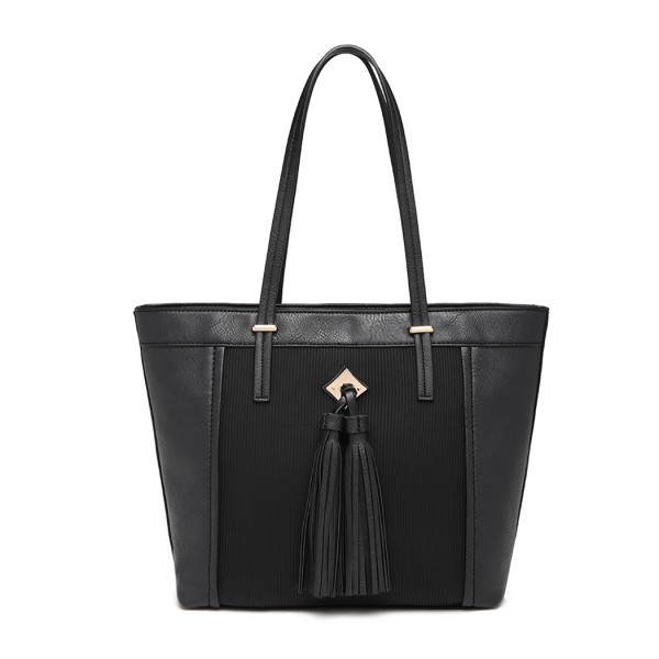 LG1961 - Miss Lulu Leather Look Tassel Tote Bag - Black LG1961 - Miss Lulu Leather Look Tassel Tote Bag - Black