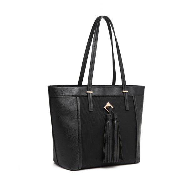 LG1961 - Miss Lulu Leather Look Tassel Tote Bag - Black LG1961 - Miss Lulu Leather Look Tassel Tote Bag - Black