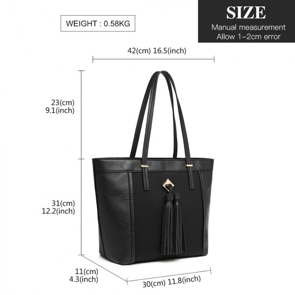 LG1961 - Miss Lulu Leather Look Tassel Tote Bag - Black LG1961 - Miss Lulu Leather Look Tassel Tote Bag - Black