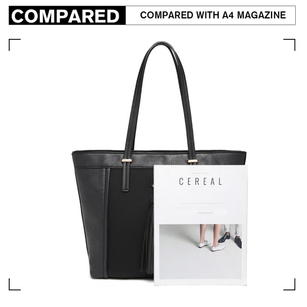 LG1961 - Miss Lulu Leather Look Tassel Tote Bag - Black LG1961 - Miss Lulu Leather Look Tassel Tote Bag - Black
