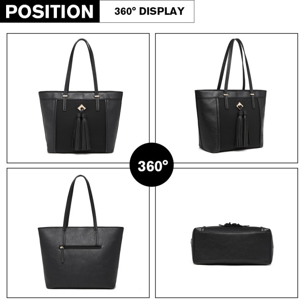 LG1961 - Miss Lulu Leather Look Tassel Tote Bag - Black LG1961 - Miss Lulu Leather Look Tassel Tote Bag - Black