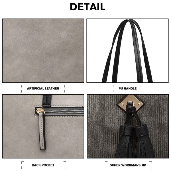 LG1961 - Miss Lulu Leather Look Tassel Tote Bag - Grey LG1961 - Miss Lulu Leather Look Tassel Tote Bag - Grey
