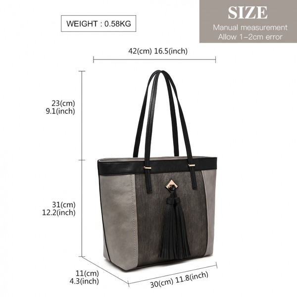 LG1961 - Miss Lulu Leather Look Tassel Tote Bag - Grey LG1961 - Miss Lulu Leather Look Tassel Tote Bag - Grey