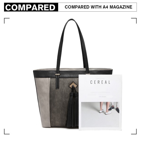 LG1961 - Miss Lulu Leather Look Tassel Tote Bag - Grey LG1961 - Miss Lulu Leather Look Tassel Tote Bag - Grey