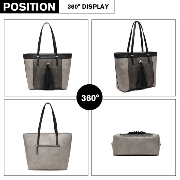 LG1961 - Miss Lulu Leather Look Tassel Tote Bag - Grey LG1961 - Miss Lulu Leather Look Tassel Tote Bag - Grey