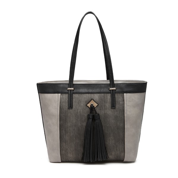 LG1961 - Miss Lulu Leather Look Tassel Tote Bag - Grey LG1961 - Miss Lulu Leather Look Tassel Tote Bag - Grey