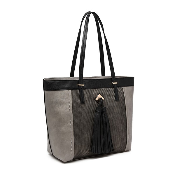 LG1961 - Miss Lulu Leather Look Tassel Tote Bag - Grey LG1961 - Miss Lulu Leather Look Tassel Tote Bag - Grey