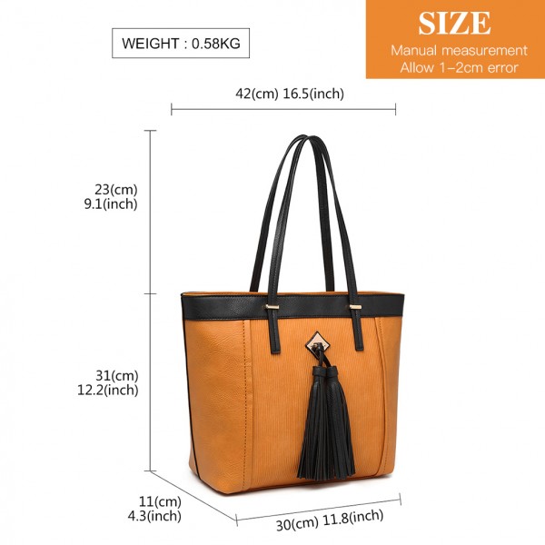 LG1961 - Miss Lulu Leather Look Tassel Tote Bag - Yellow LG1961 - Miss Lulu Leather Look Tassel Tote Bag - Yellow