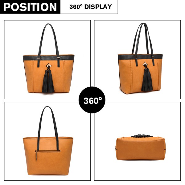 LG1961 - Miss Lulu Leather Look Tassel Tote Bag - Yellow LG1961 - Miss Lulu Leather Look Tassel Tote Bag - Yellow