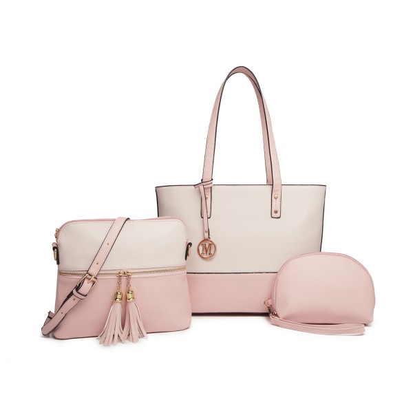 LG2023 - Miss Lulu 3 Piece Leather Look Tote Bag Set - Pink And Beige