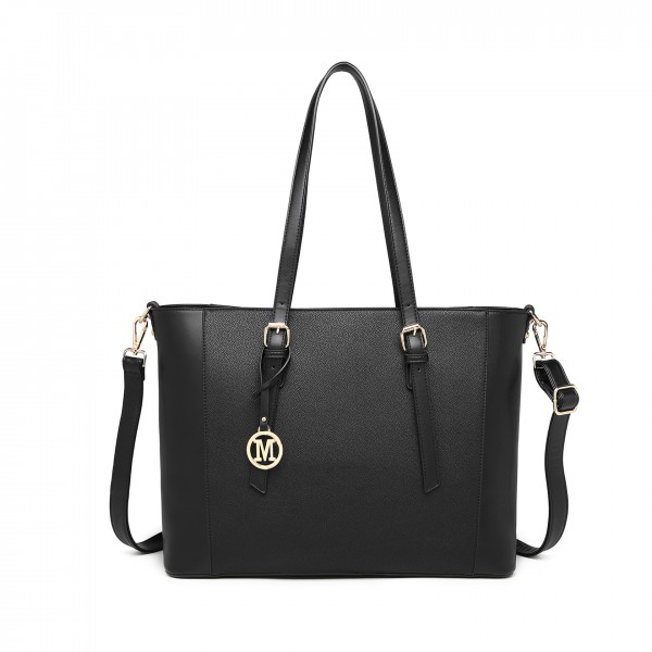 LG2047 - Miss Lulu Structured Zipped Compartment Tote Bag - Black LG2047 - Miss Lulu Structured Zipped Compartment Tote Bag - Black