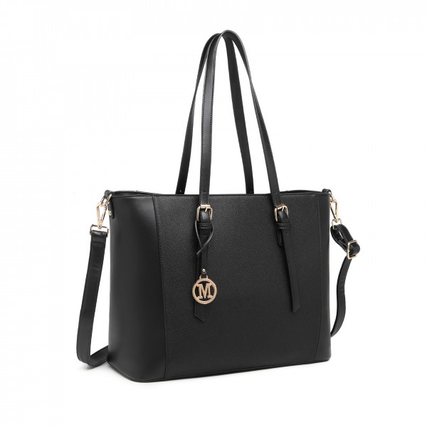 LG2047 - Miss Lulu Structured Zipped Compartment Tote Bag - Black LG2047 - Miss Lulu Structured Zipped Compartment Tote Bag - Black