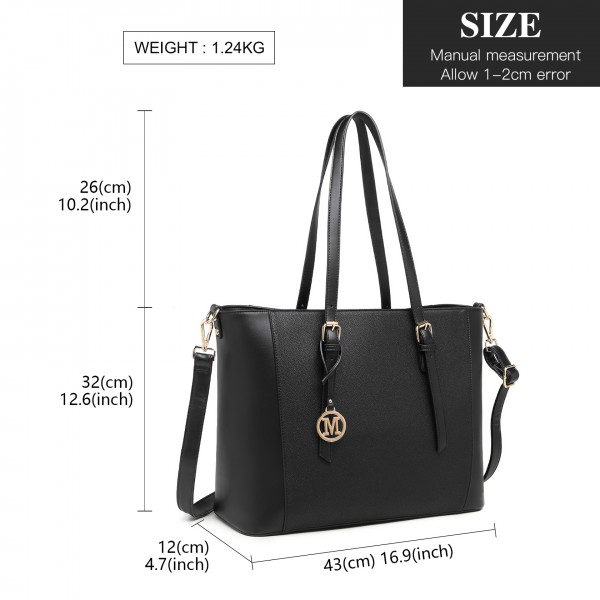 LG2047 - Miss Lulu Structured Zipped Compartment Tote Bag - Black LG2047 - Miss Lulu Structured Zipped Compartment Tote Bag - Black
