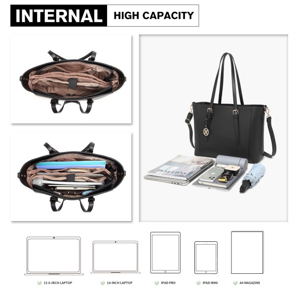 LG2047 - Miss Lulu Structured Zipped Compartment Tote Bag - Black LG2047 - Miss Lulu Structured Zipped Compartment Tote Bag - Black