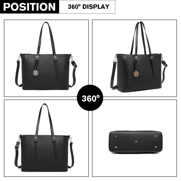 LG2047 - Miss Lulu Structured Zipped Compartment Tote Bag - Black LG2047 - Miss Lulu Structured Zipped Compartment Tote Bag - Black