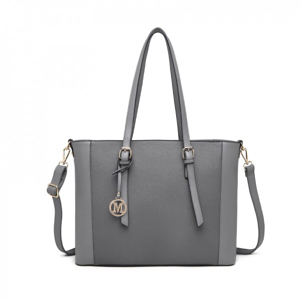 LG2047 - Miss Lulu Structured Zipped Compartment Tote Bag - Grey LG2047 - Miss Lulu Structured Zipped Compartment Tote Bag - Grey