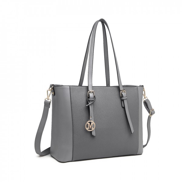 LG2047 - Miss Lulu Structured Zipped Compartment Tote Bag - Grey LG2047 - Miss Lulu Structured Zipped Compartment Tote Bag - Grey