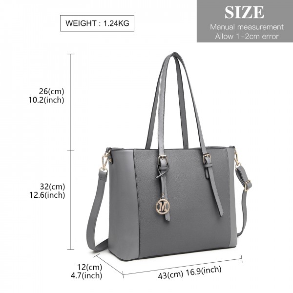 LG2047 - Miss Lulu Structured Zipped Compartment Tote Bag - Grey LG2047 - Miss Lulu Structured Zipped Compartment Tote Bag - Grey