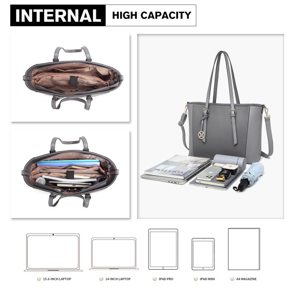 LG2047 - Miss Lulu Structured Zipped Compartment Tote Bag - Grey LG2047 - Miss Lulu Structured Zipped Compartment Tote Bag - Grey
