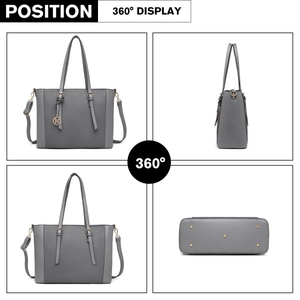 LG2047 - Miss Lulu Structured Zipped Compartment Tote Bag - Grey LG2047 - Miss Lulu Structured Zipped Compartment Tote Bag - Grey