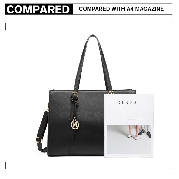 LG2056 - Miss Lulu Structured PU Leather Top Handle Tote Bag - Black LG2056 - Miss Lulu Structured PU Leather Top Handle Tote Bag - Black