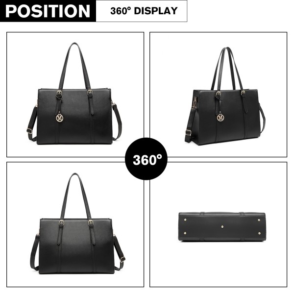 LG2056 - Miss Lulu Structured PU Leather Top Handle Tote Bag - Black LG2056 - Miss Lulu Structured PU Leather Top Handle Tote Bag - Black